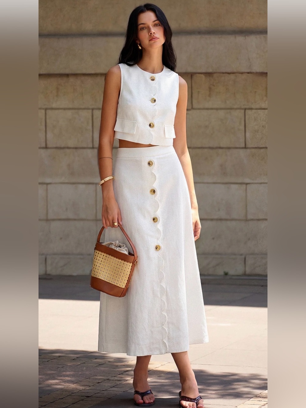 #306 Cotton Linen Scallop Trim Vest & Skirt Set